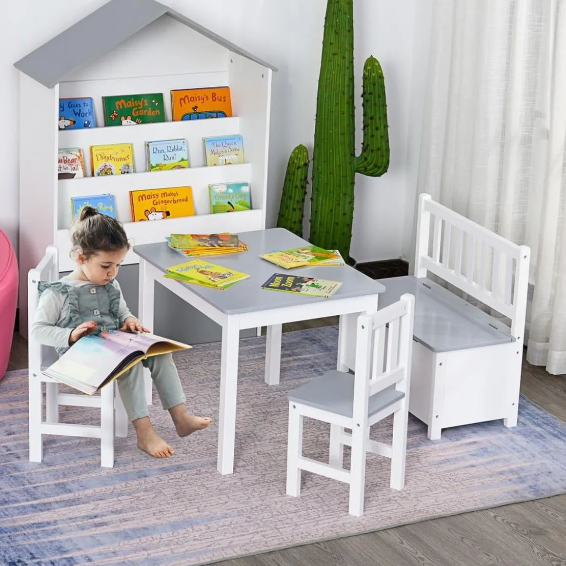Homcom - Conjunto Infantil Mesa + Banco + 2 sillas madera