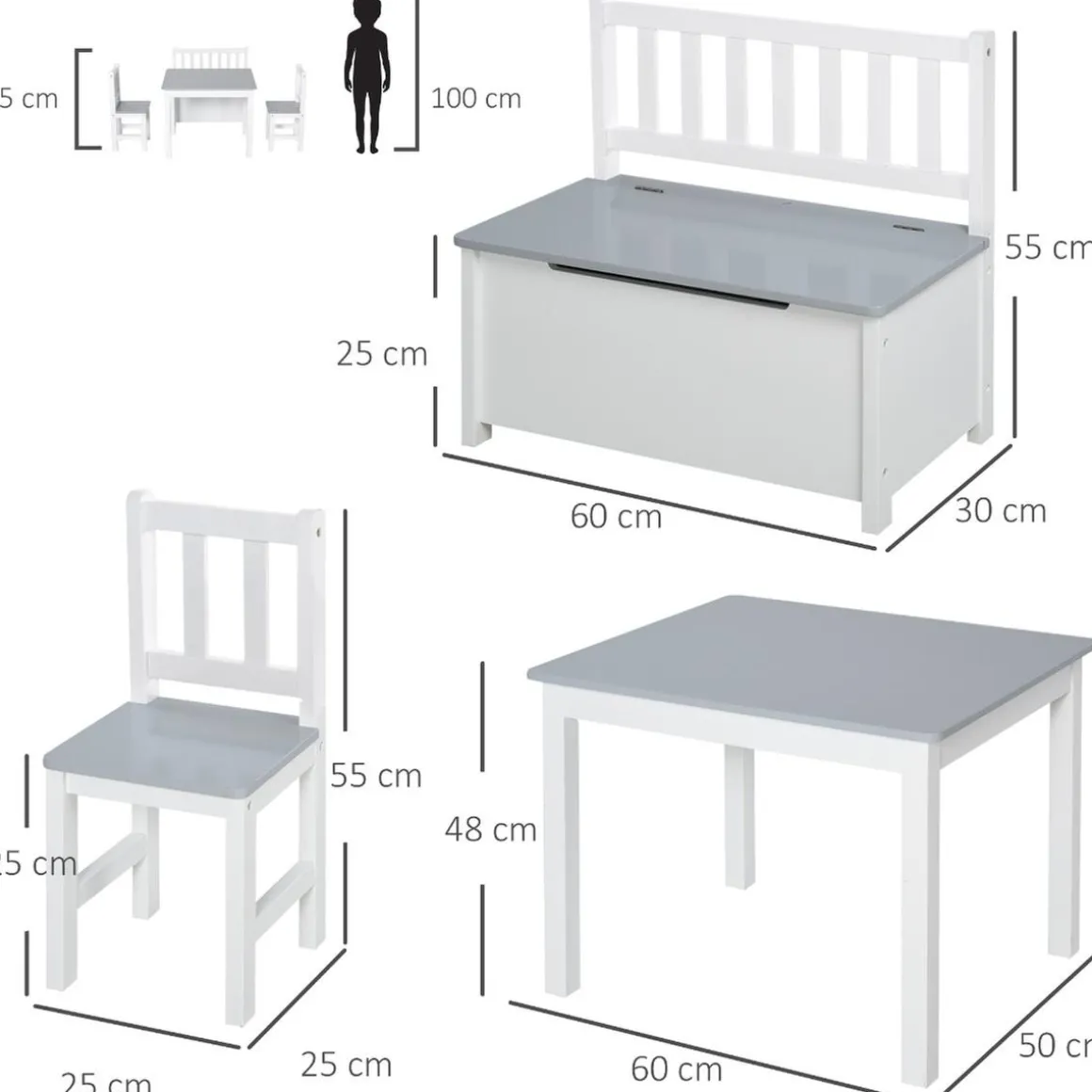 Homcom - Conjunto Infantil Mesa + Banco + 2 sillas madera