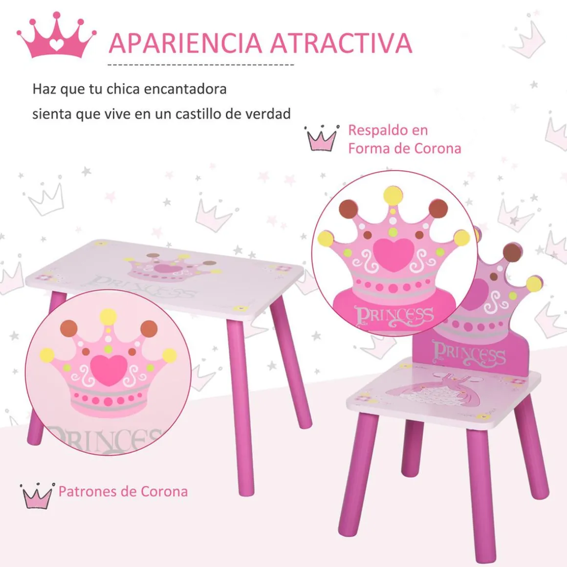 Homcom - Conjunto Mesa + 2 Sillas infantiles Madera Princess