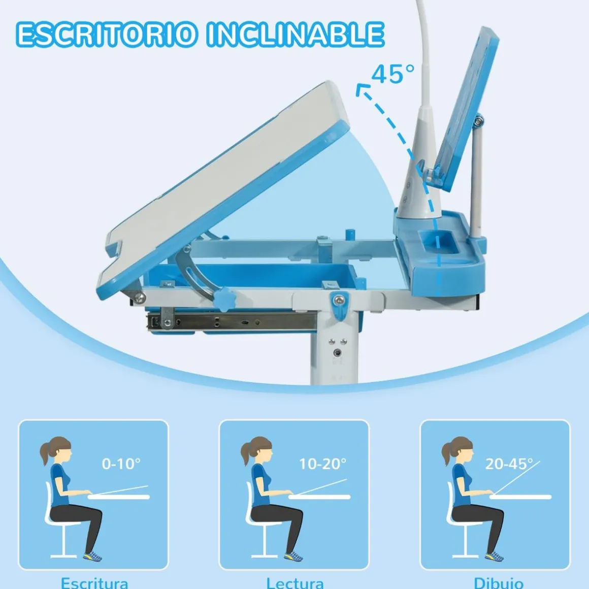 Homcom - Conjunto Pupitre reclinable + Silla Azul