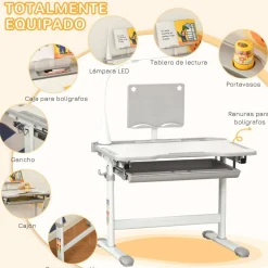 Homcom - Conjunto Pupitre reclinable + Silla Gris con lámpara
