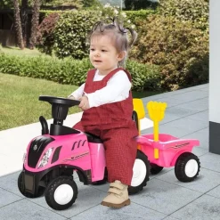 Homcom - Correpasillos Tractor con remolque y herramientas Rosa