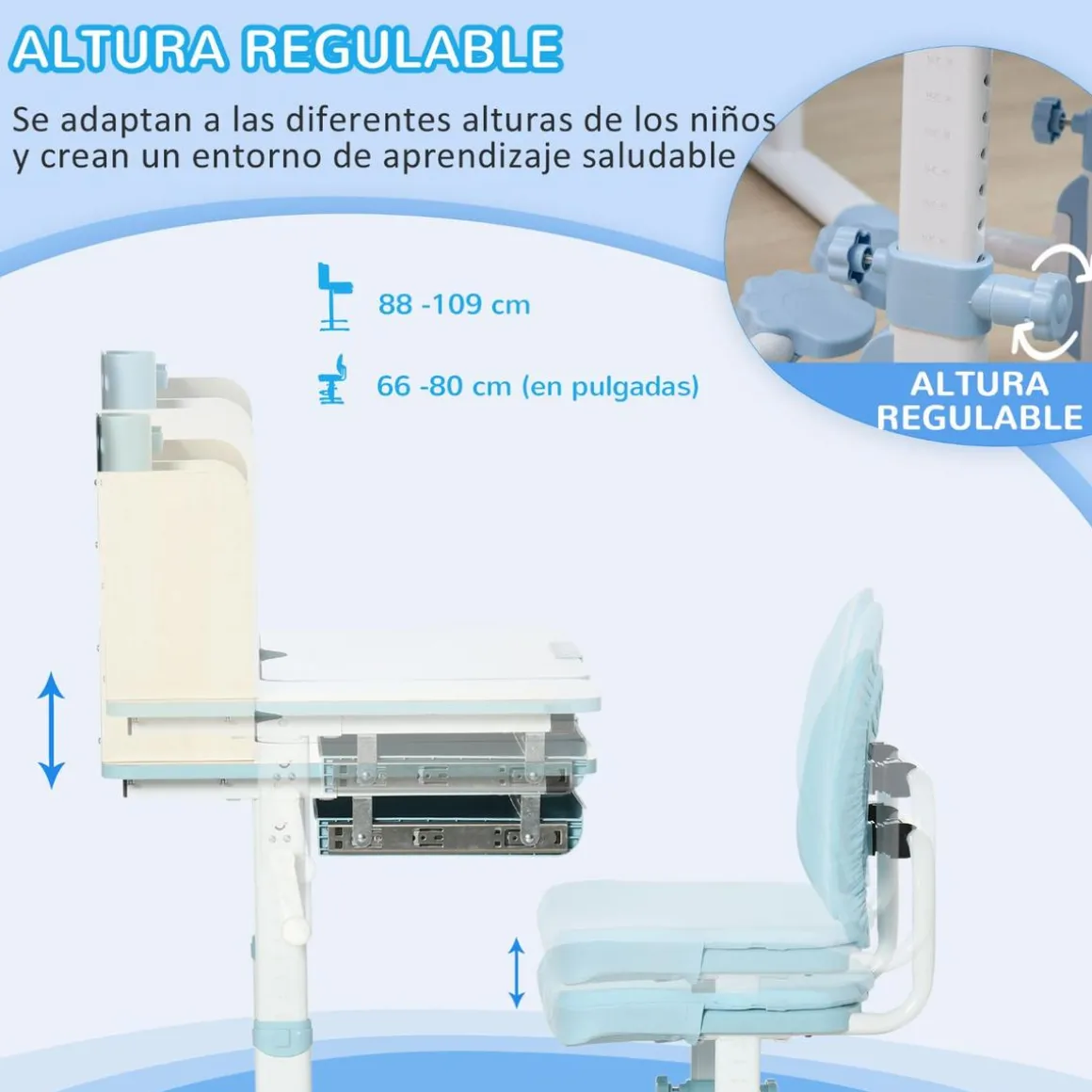 Homcom - Escritorio con estante y silla ajustable Azul y Blanco