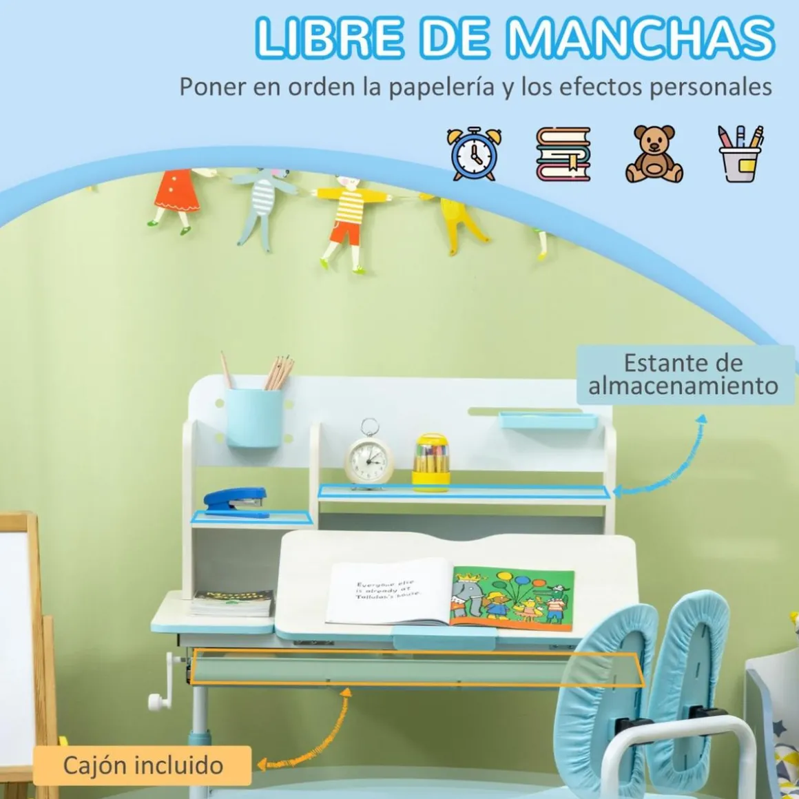 Homcom - Escritorio con estante y silla ajustable Azul y Blanco