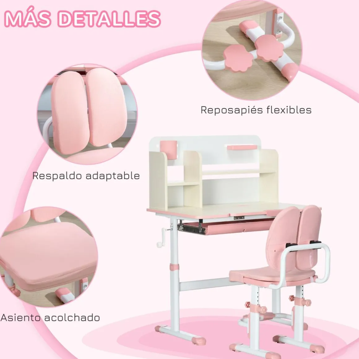 Homcom - Escritorio con estante y silla ajustable Rosa y Blanco