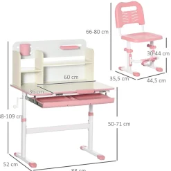 Homcom - Escritorio con estante y silla con altura ajustable Blanco y Rosa