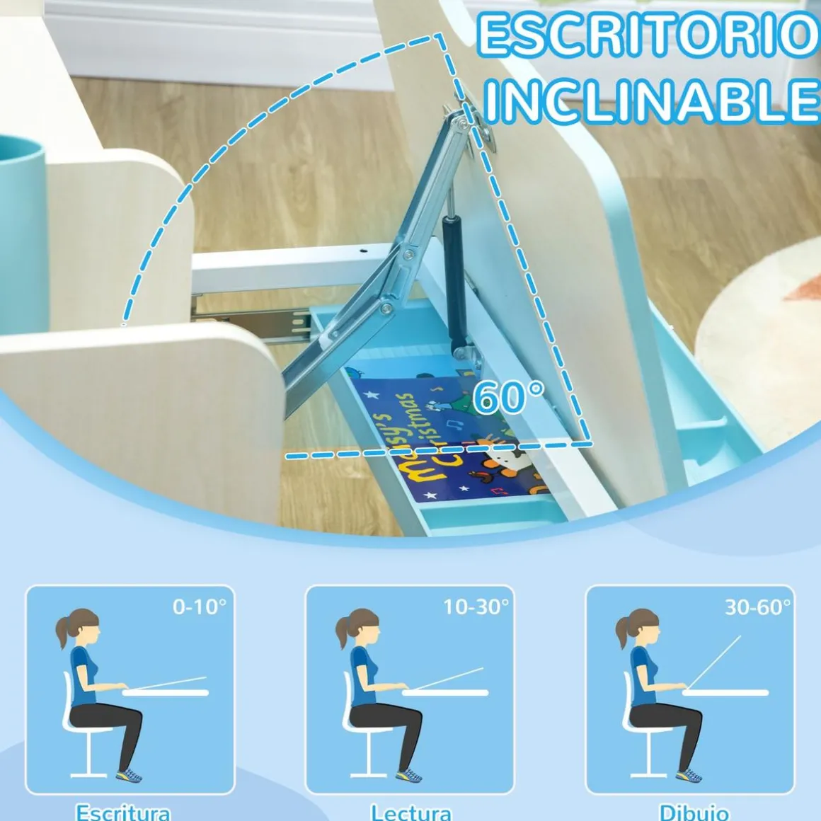 Homcom - Escritorio con estante y silla ajustable Blanco y Azul