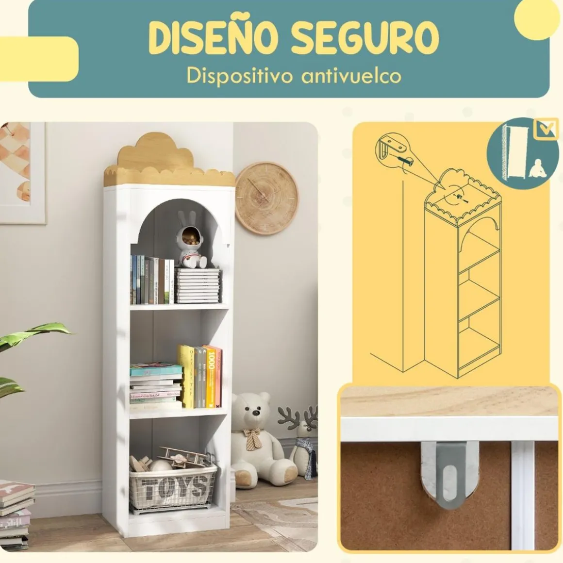 Homcom - Estantería infantil 3 niveles Blanco y Natural