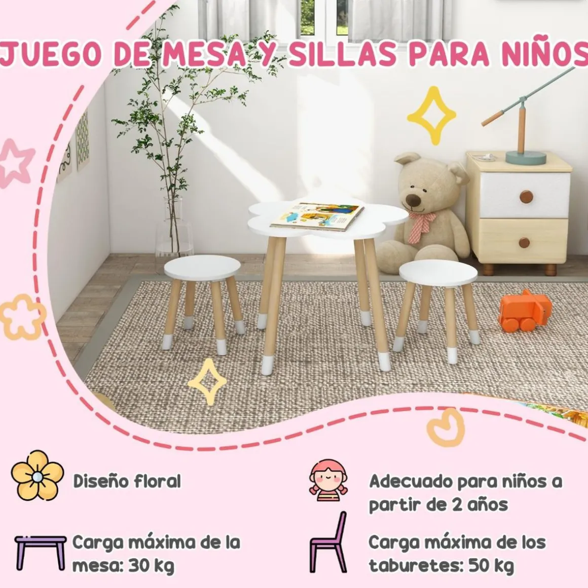 Homcom - Mesa Flor y bancos Blanco