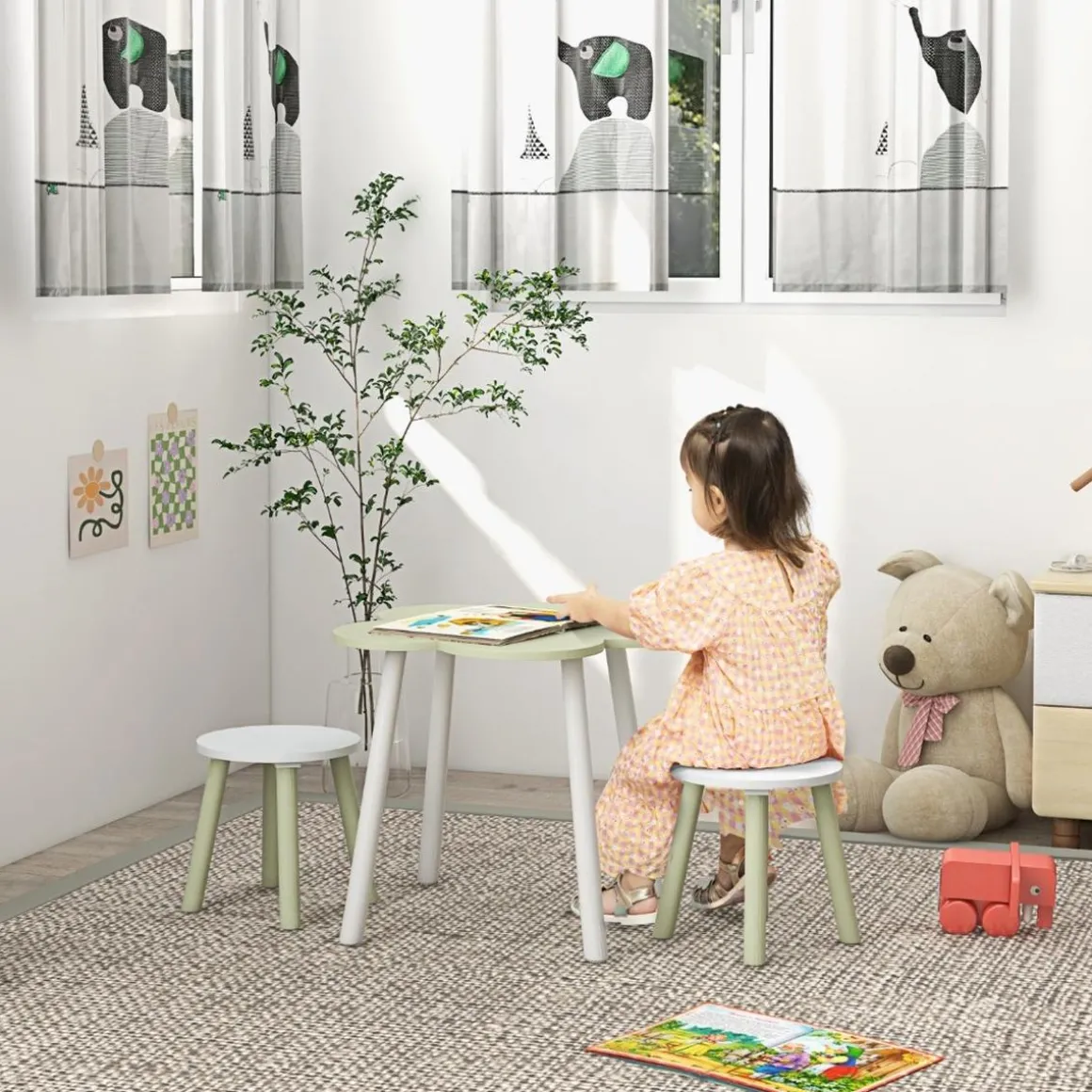 Homcom - Mesa Flor y bancos Verde y Blanco