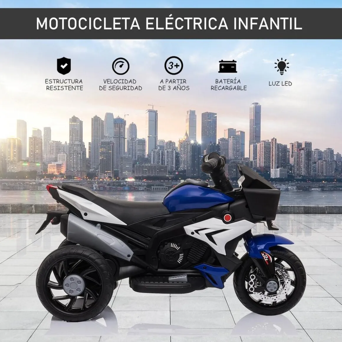 Homcom - Moto eléctrica batería 3 ruedas Trimoto Negro y Azul