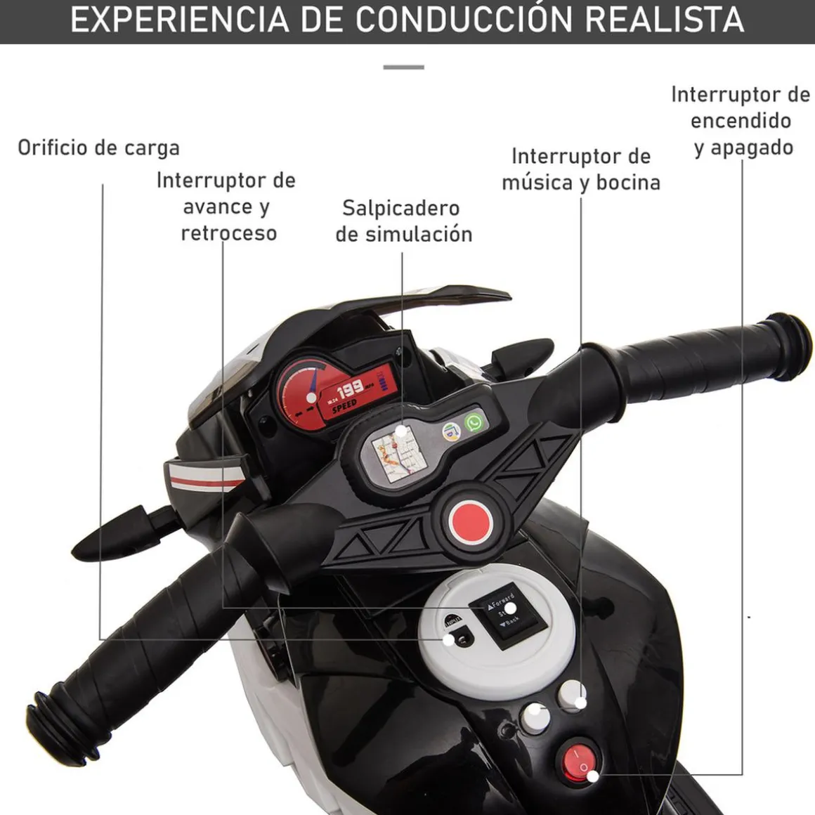 Homcom - Moto eléctrica batería 3 ruedas Trimoto Negro y Blanco