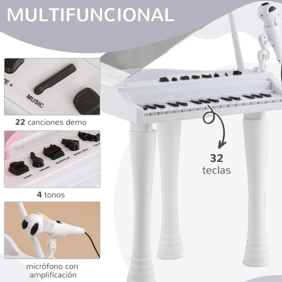 Homcom - Piano electrónico 32 teclas con taburete y micro