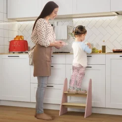 Homcom - Taburete Escalera infantil madera Rosa