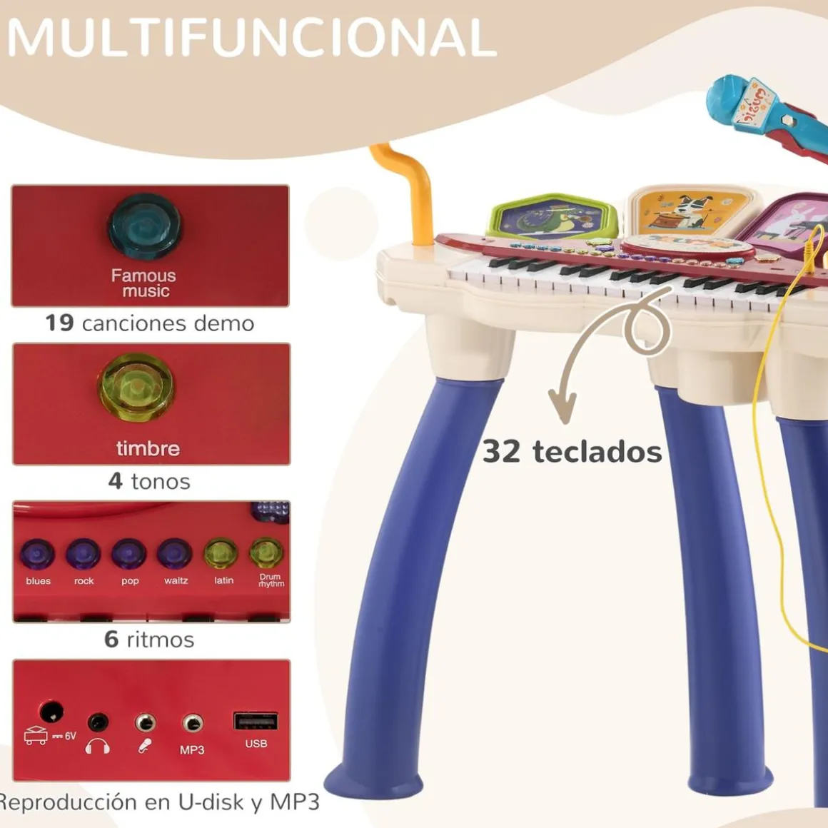 Homcom - Teclado electrónico 32 teclas con batería y taburete
