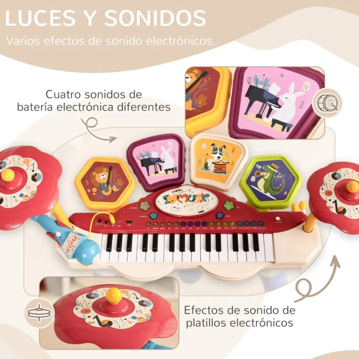 Homcom - Teclado electrónico 32 teclas con batería y taburete