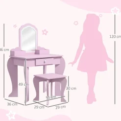 Homcom - Tocador infantil con espejo y taburete madera Rosa