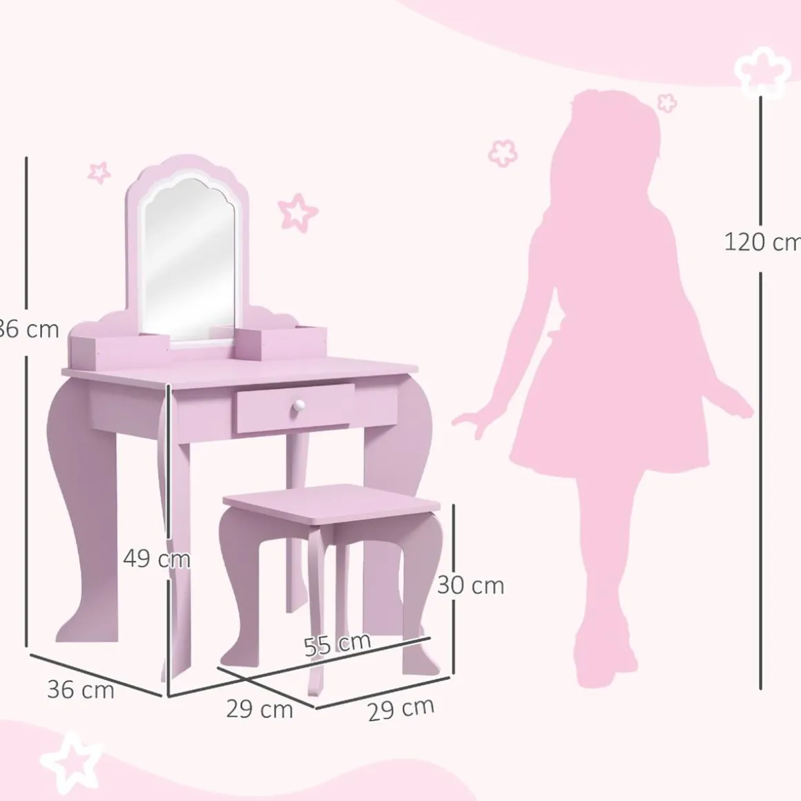 Homcom - Tocador infantil con espejo y taburete madera Rosa