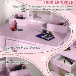 Homcom - Tocador infantil con espejo y taburete madera Rosa