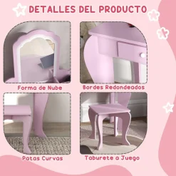 Homcom - Tocador infantil con espejo y taburete madera Rosa