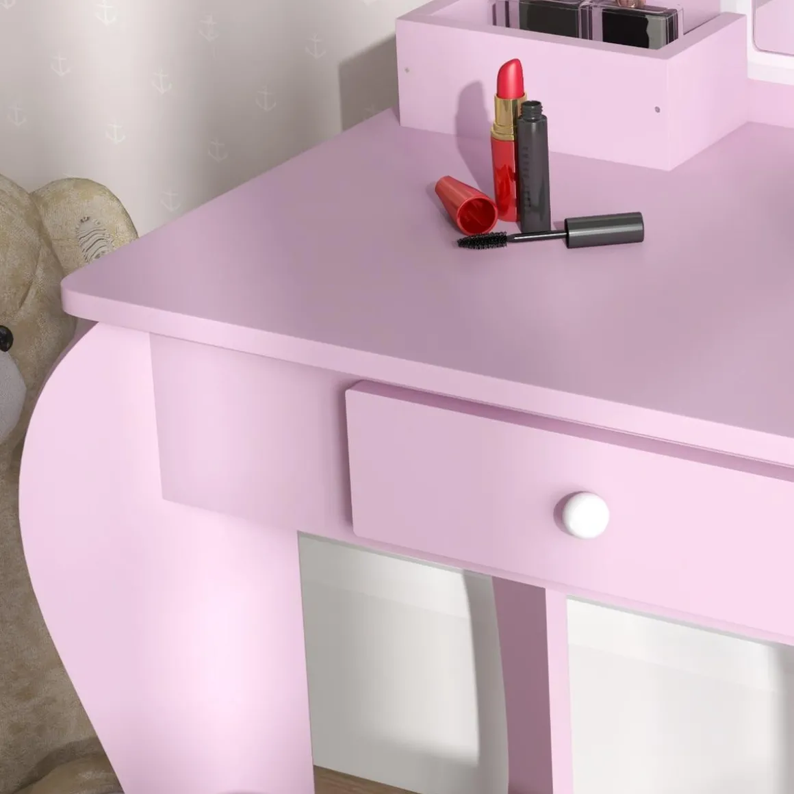 Homcom - Tocador infantil con espejo y taburete madera Rosa