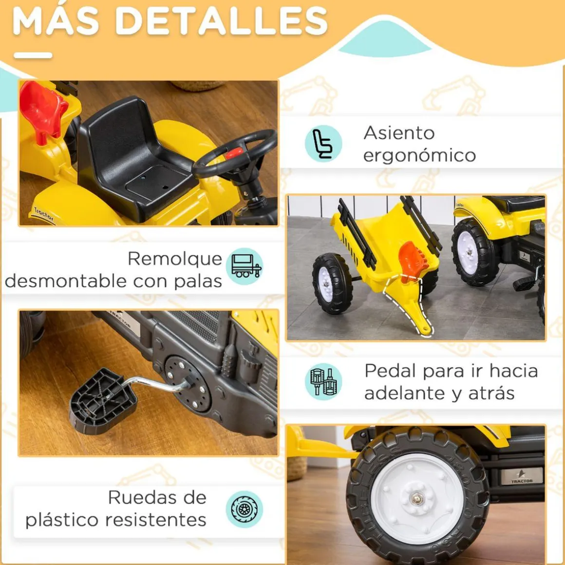 Homcom - Tractor a pedales con remolque amarillo