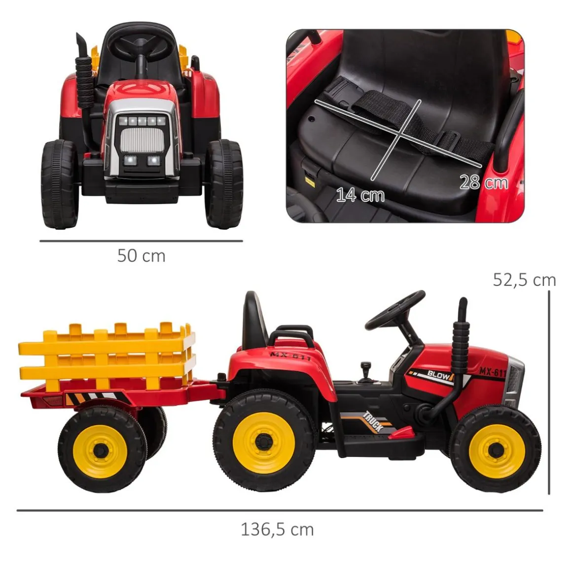 Homcom - Tractor elécrico Rojo
