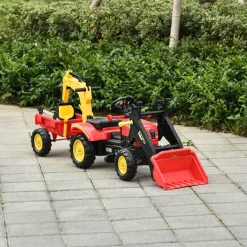 Homcom - Tractor excavadora a pedales con remolque rojo