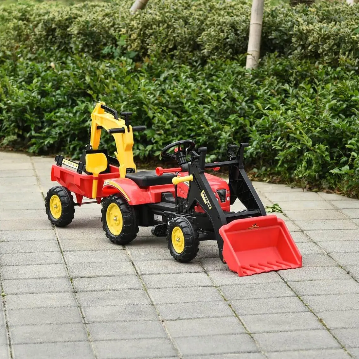 Homcom - Tractor excavadora a pedales con remolque rojo