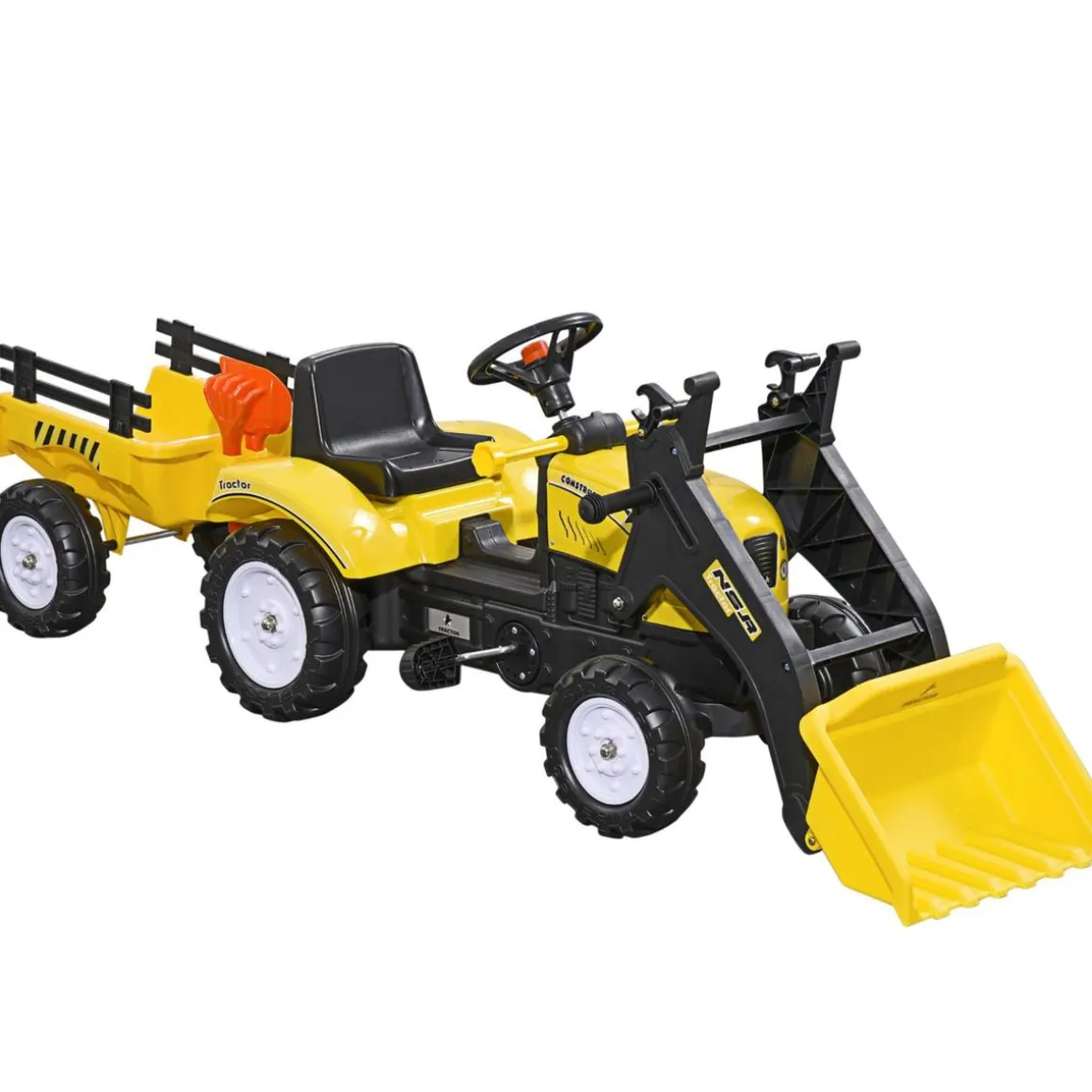 Homcom - Tractor excavadora a pedales con remolque amarillo