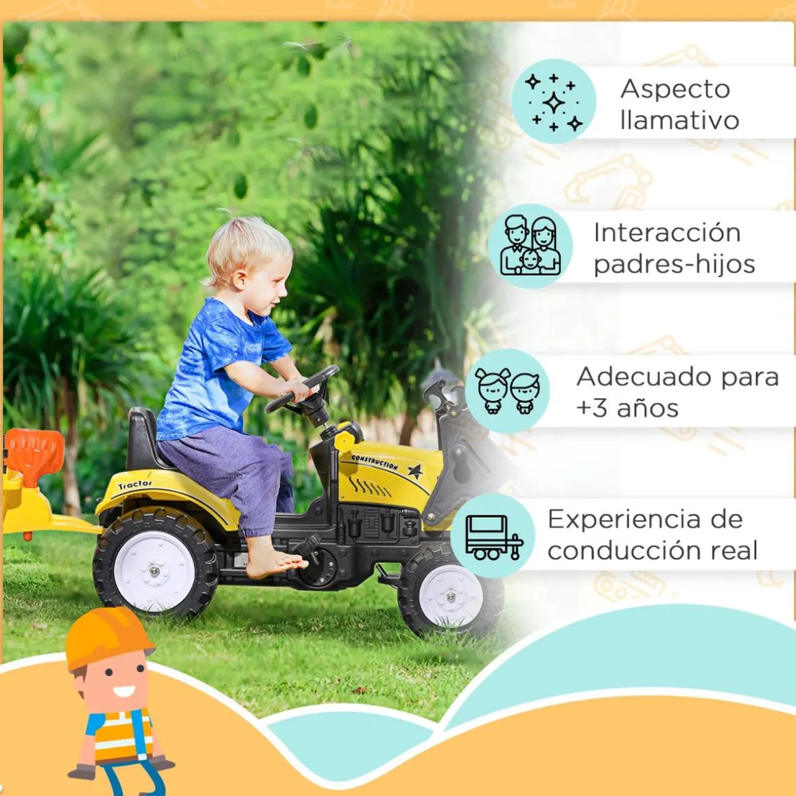 Homcom - Tractor excavadora a pedales con remolque amarillo
