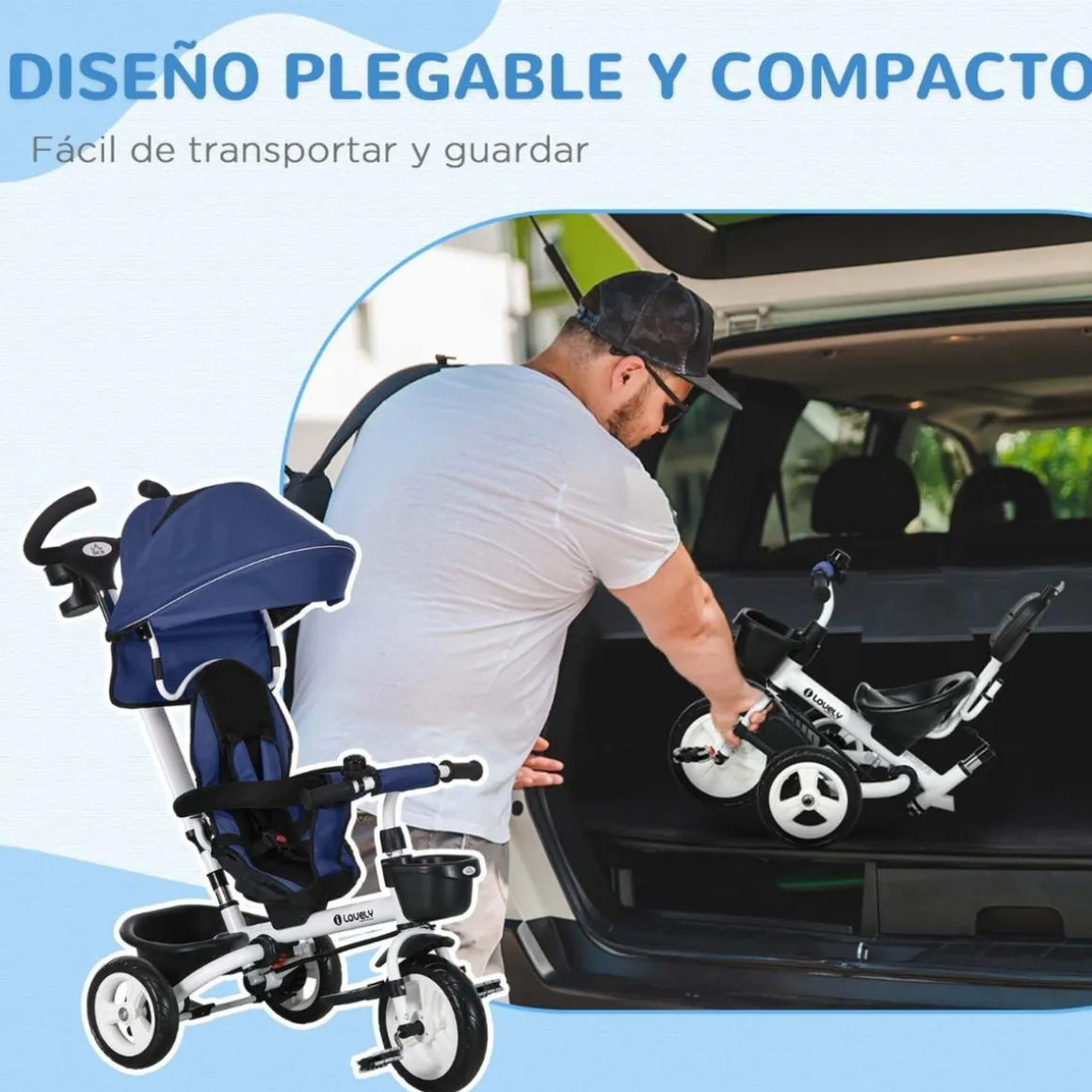 Homcom - Triciclo Evolutivo con Capota Reflectante - Azul