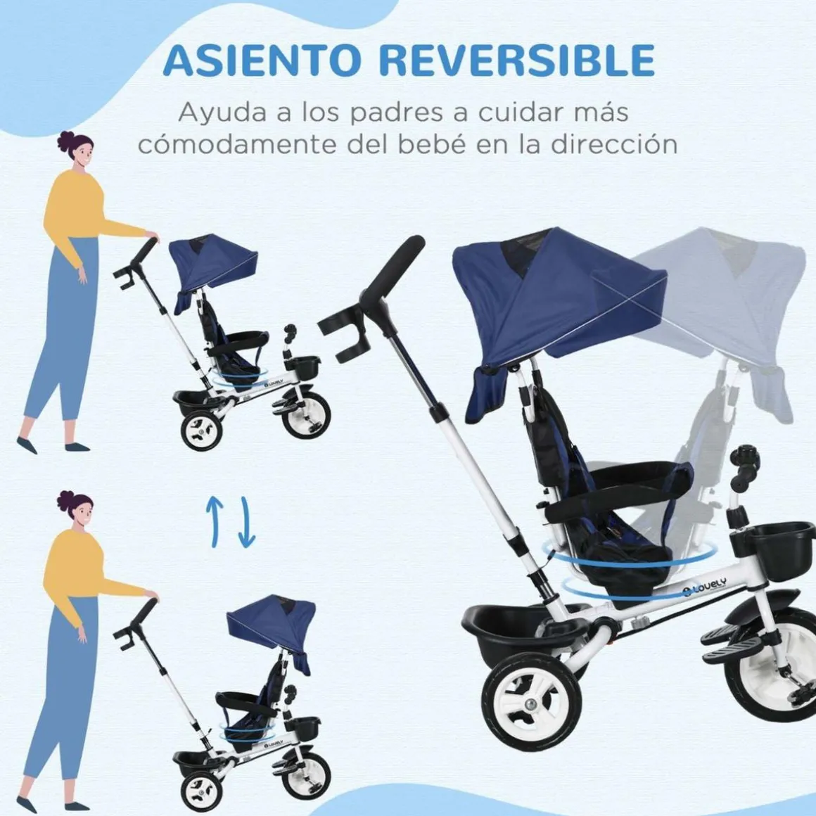 Homcom - Triciclo Evolutivo con Capota Reflectante - Azul