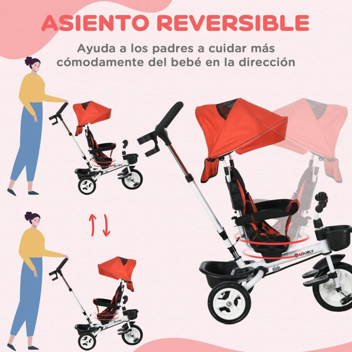 Homcom - Triciclo Evolutivo con capota Reflectante - Rojo