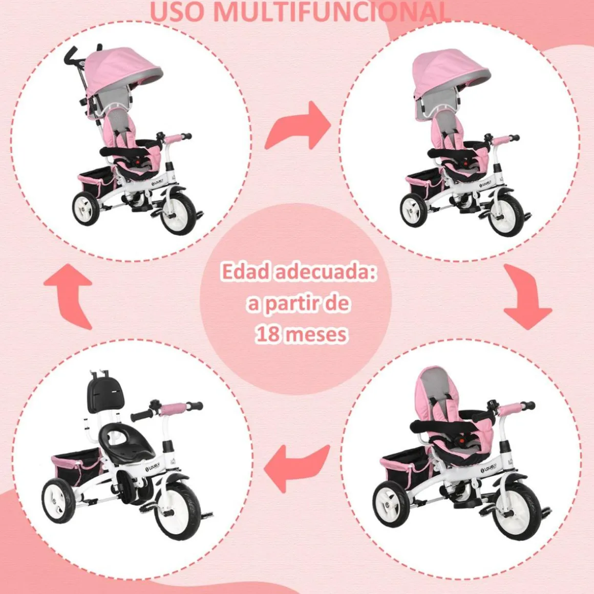 Homcom - Triciclo para bebé con capota Rosa