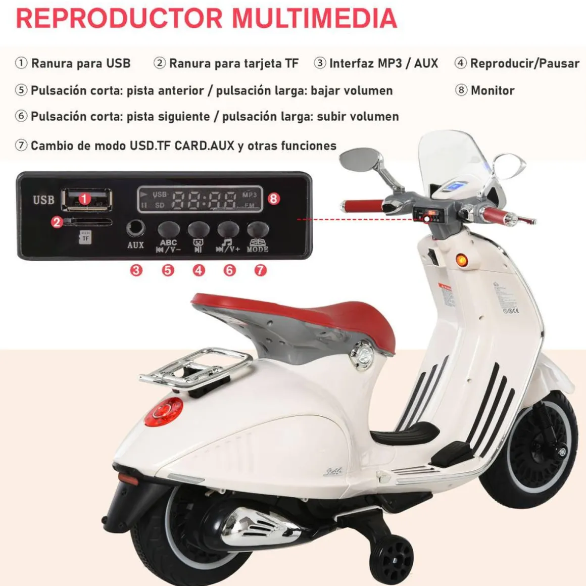 Homcom - Vespa blanca Vehículo de batería