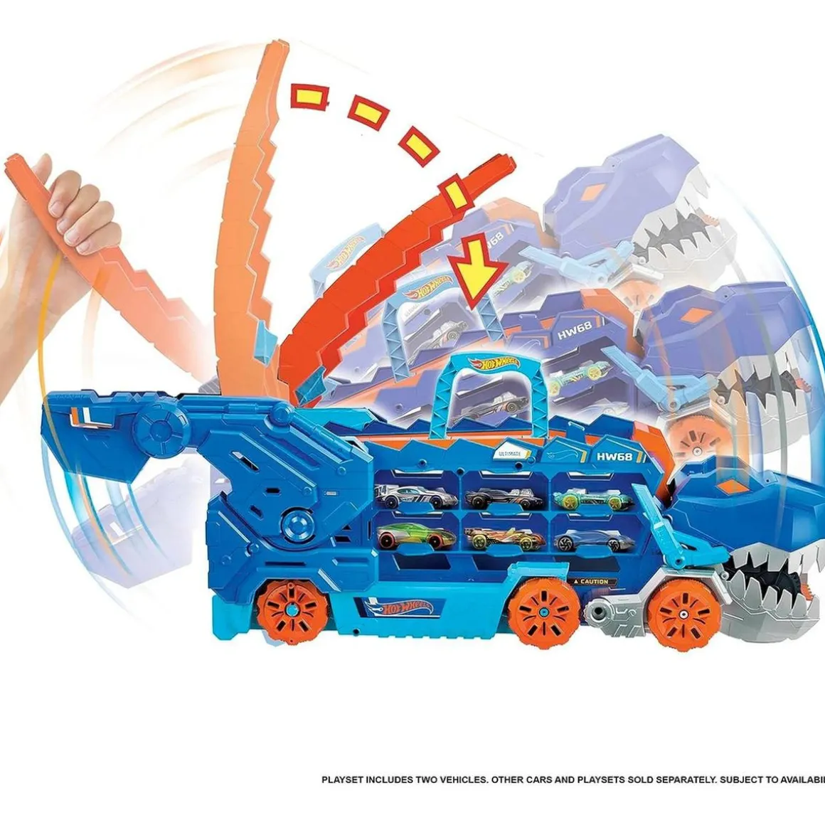 Hot Wheels - Camión T-Rex definitivo y pista para coches de juguete con 2 vehículos incluidos ㅤ