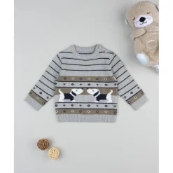 Jersey tricot bebé gris y marrón con perritos bordados