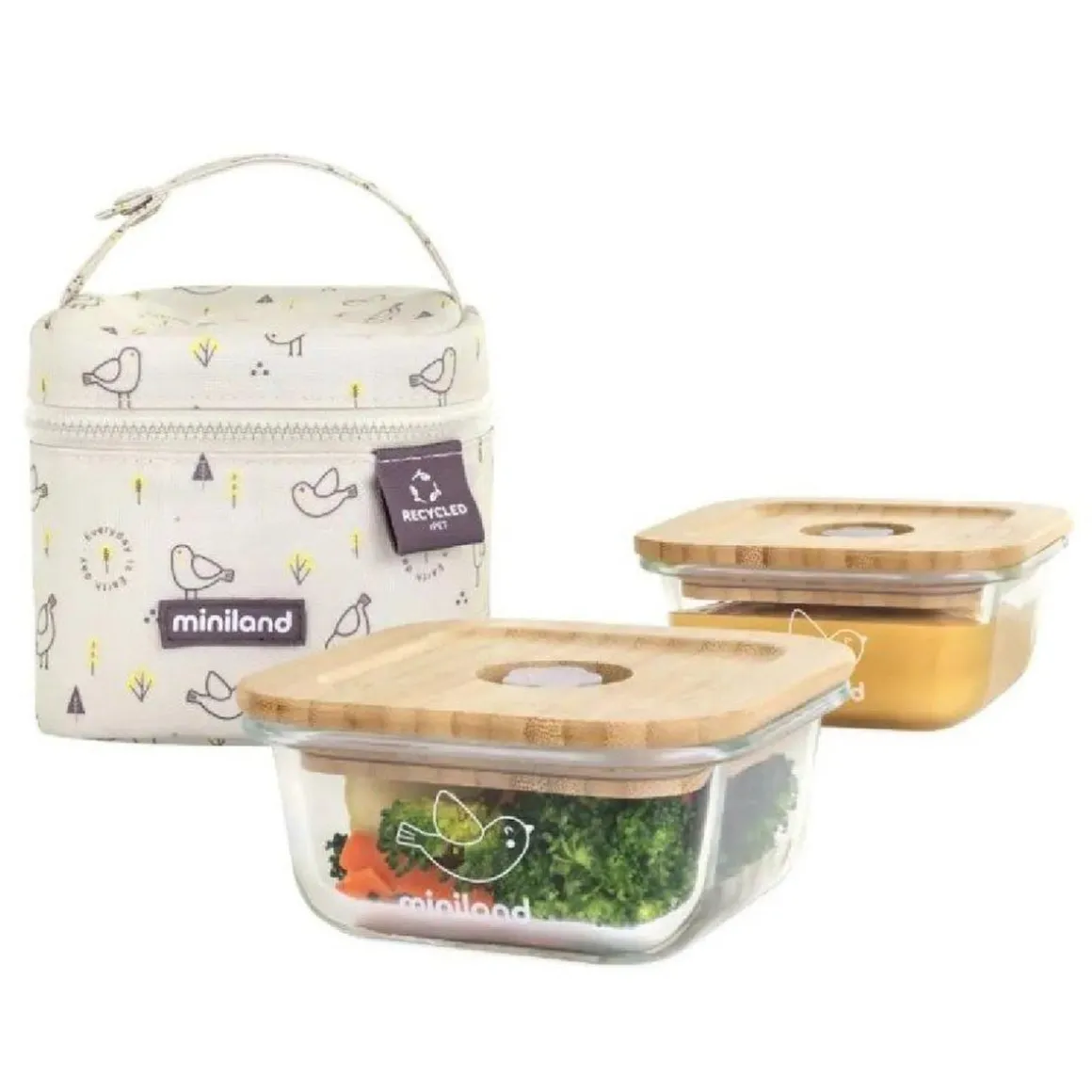 Miniland - Bolsa isotérmica + 2 recipientes cristal Ecosquare pollito
