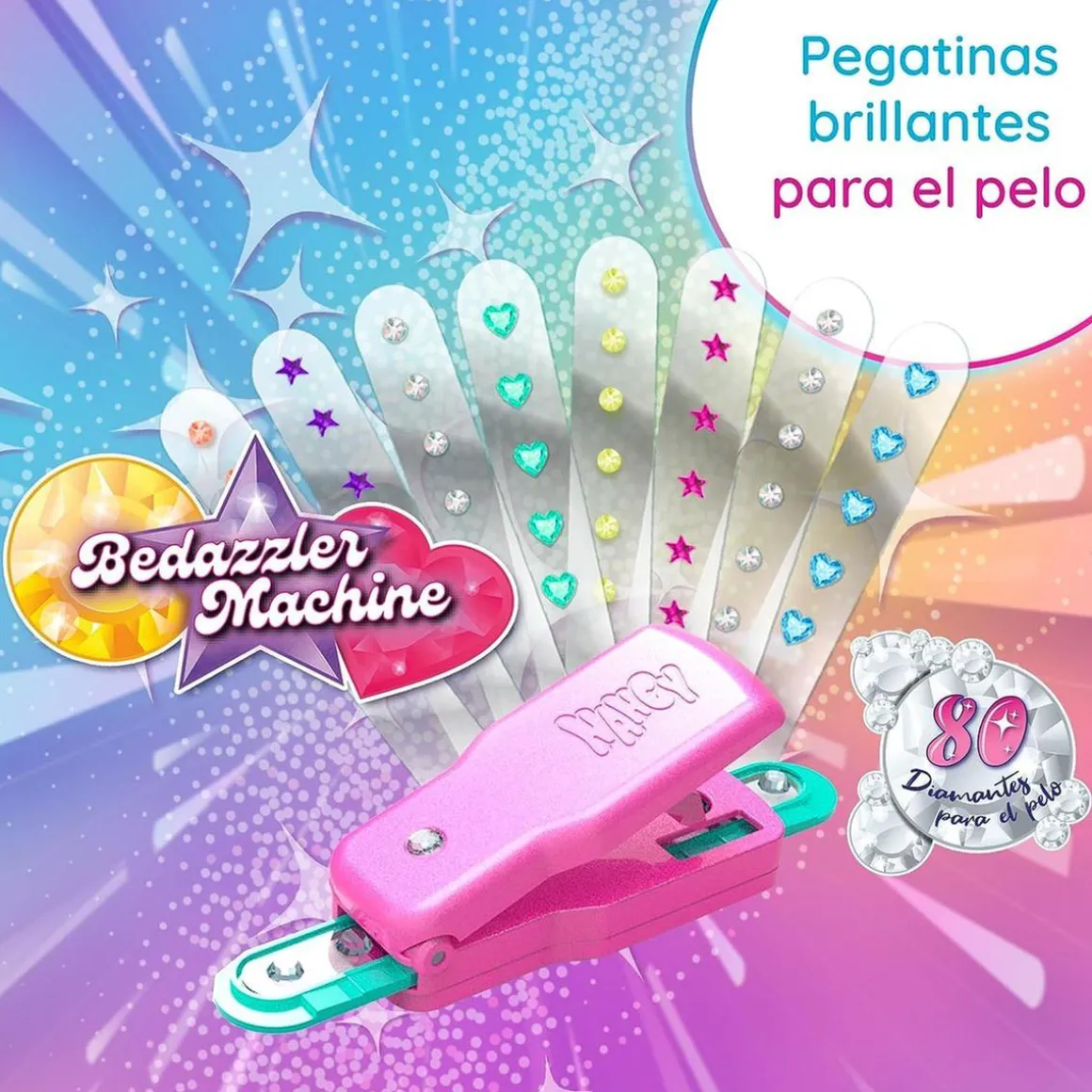 Nancy - Muñeca con pelo rosa, juego para peinar y decorar, máquina de gemas y accesorios ㅤ
