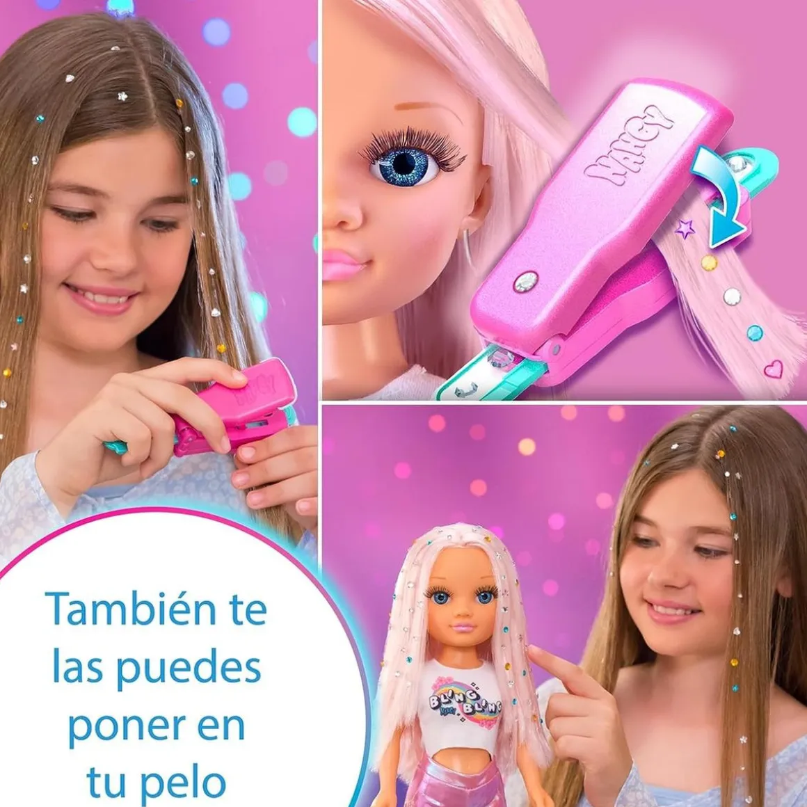 Nancy - Muñeca con pelo rosa, juego para peinar y decorar, máquina de gemas y accesorios ㅤ
