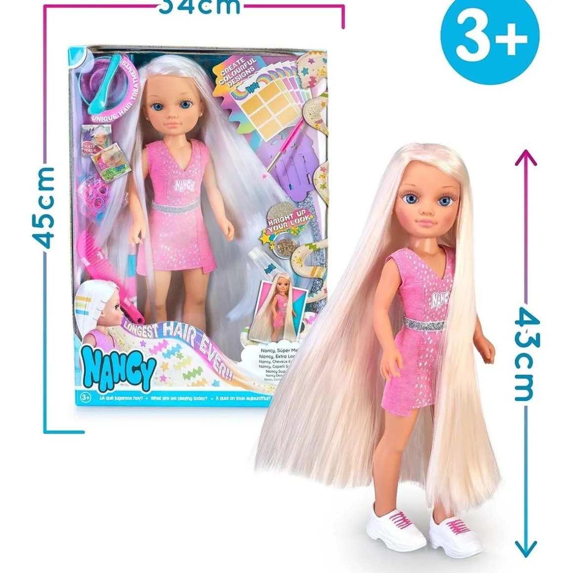 Nancy - Muñeca con pelo súper largo y accesorios para crear peinados ㅤ