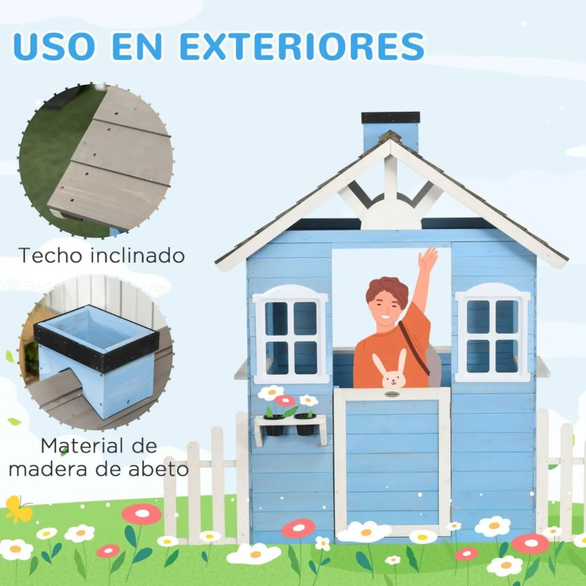 Outsunny - Casa de madera infantil Azul