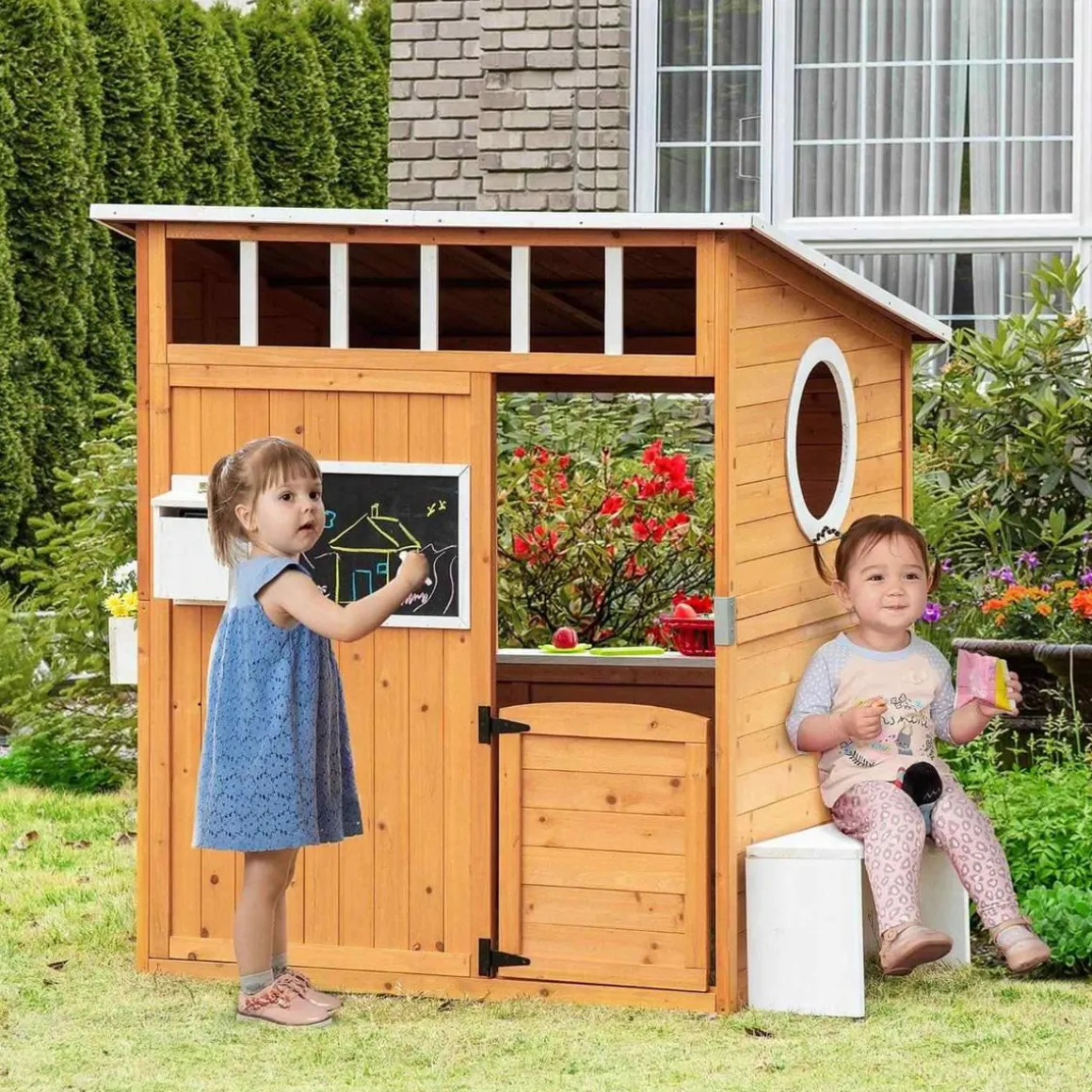 Outsunny - Casita de jardín de madera con banco y macetero