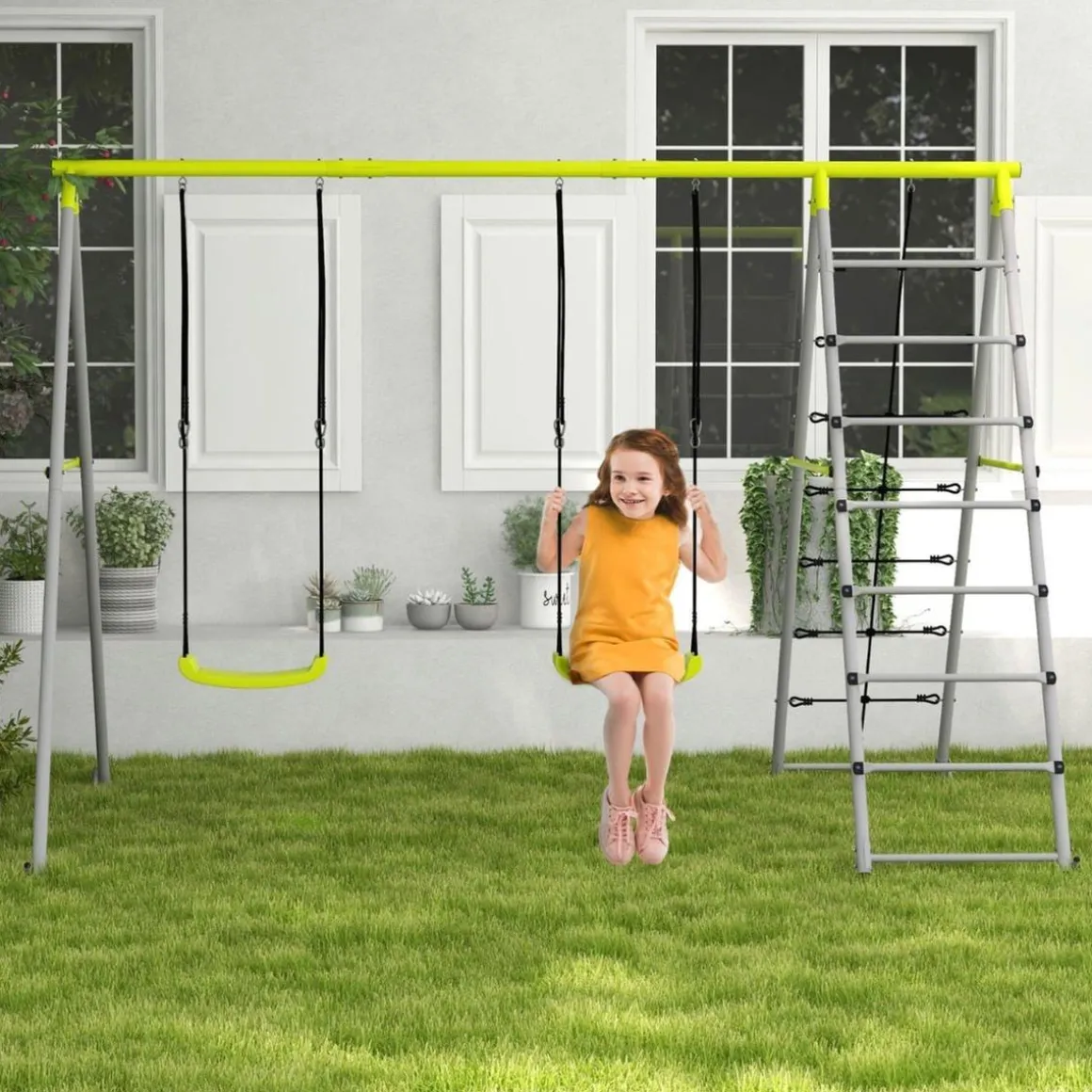 Outsunny - Conjunto 4 en 1 Columpios con Escalador