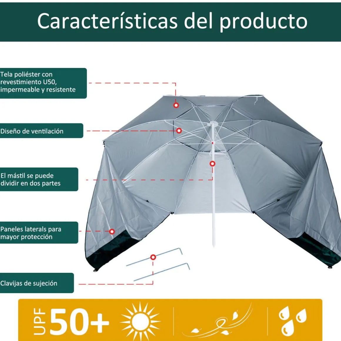 Outsunny - Parasol con dos paneles laterales Verde