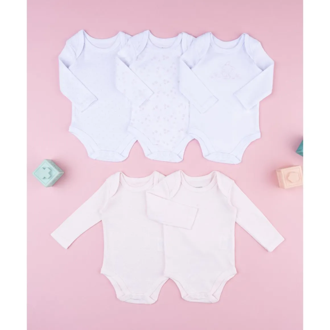 Pack 5 bodies de manga larga para bebé niña en blanco y rosa