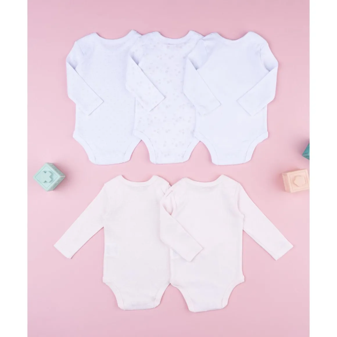 Pack 5 bodies de manga larga para bebé niña en blanco y rosa