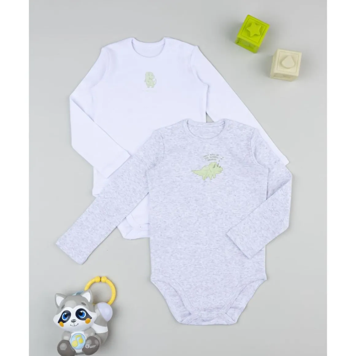 Pack 2 bodies de manga larga niño gris y blanco con dinosaurios