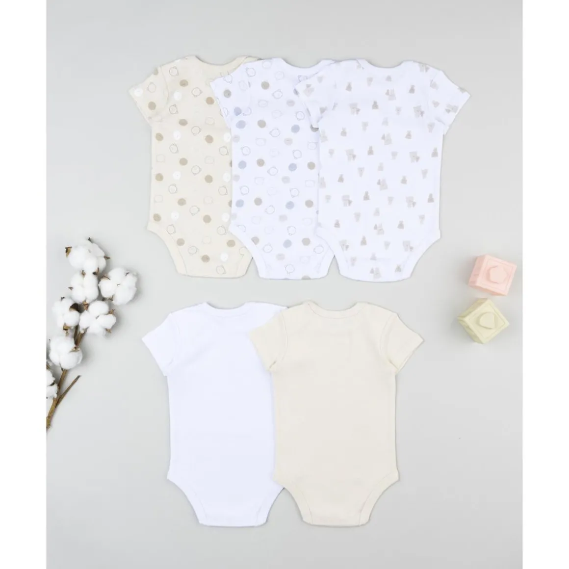 Pack 5 bodies de recién nacido osito blanco/beige